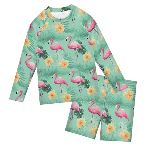 Pink Flamingo Flowers Baby Boys' Toddler Long Sleeved Rashguard Swim Bathing Suit Set B0403750