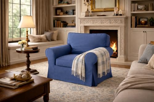 Image of Cotton Ektorp Chair Cover Compatible with IKEA Armchair Sofa Slipcover | Heavy Duty Cotton Ektorp Chair Cover Replacement Only Blue Color
