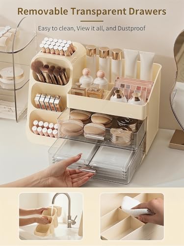 Image of Booklov Makeup Organizer for Vanity, Large Capacity Cosmetic Display Case with Clear Acrylic Drawer, Countertop Beauty Storage Holder for Skincare, Brush Eyeshadow Lipstick Counter Desk, Crystal Cream