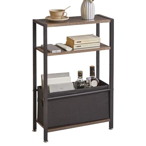Aibiju Table d'appoint avec Rangement, Table de Chevet Fine à 3 Niveaux avec Panier en Tissu,Petite Table Basse étroite pour Petits Espaces, Chambre à Coucher, Salon, Gris foncé, YD-TM052G