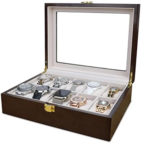 HELMDY Wooden Watch Case Display Box Organizer for Men Storage: 10 Slot Wood Watch Box Organizer Modern Case with Large Glass Lid and Removable Watch Pillow - Watch & Jewelry Holder for Men and Women