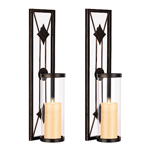 Sziqiqi Candle Sconces Wall Decor Black Candle Holder For Pillar - Rustic Decorative Metal Wall-Mounted Candles Sconce Set Of 2 Diamond Style For Living Room, Farmhouse, Fireplace, Hallway #TOP20