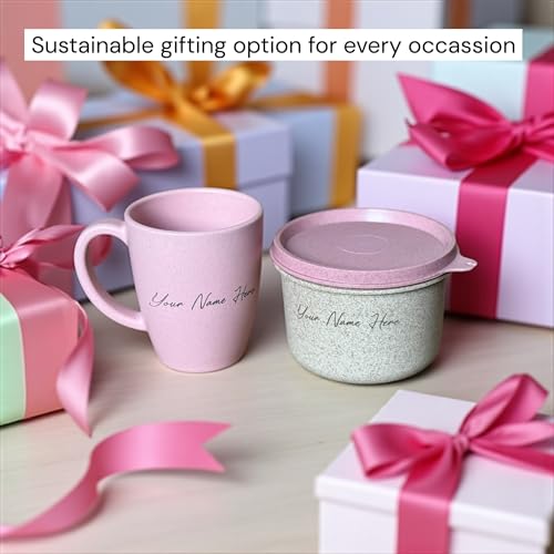 Image of Happy Cove Eco Friendly Rice Husk Wheat Straw Bamboo Fibre Coffee Mug & Snack Container - Personalized Gifts For Women | Customised Gifts For Women | Rakshabandhan Gift | Customized Gift | Chroma Pink