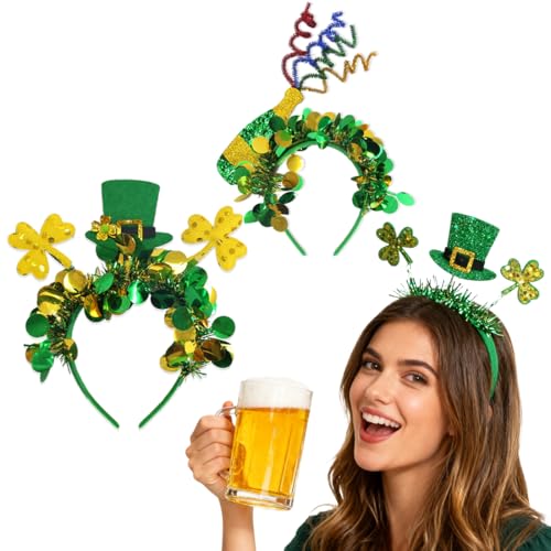 OPVYAEU Pack 2 diademas verdes para San Patricio, accesorios duende con flores y plumas, diadema divertida carnaval, fiesta irlandesa, headband para disfraces, festivales y sesiones de fotos