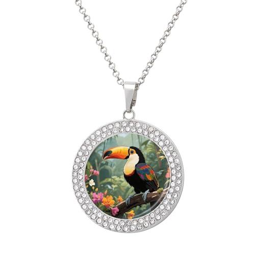 VTCTOASY Toucan in The Rainforest Necklace for Women Circle Pendant Jewelry Necklaces Silver Fashion Diamond Disc Charm Choker Necklace for Anniversary, Valentines Day, Gift for Mom Wife