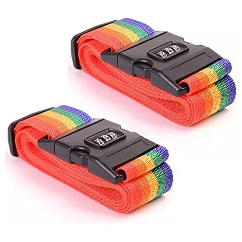 Heavy Duty Non Slip Luggage Straps for Suitcases Packing Belts Travel Accessories Adjustable Bag Strap Rainbow Colour (2 x Rainbow Straps with Lock) Cover