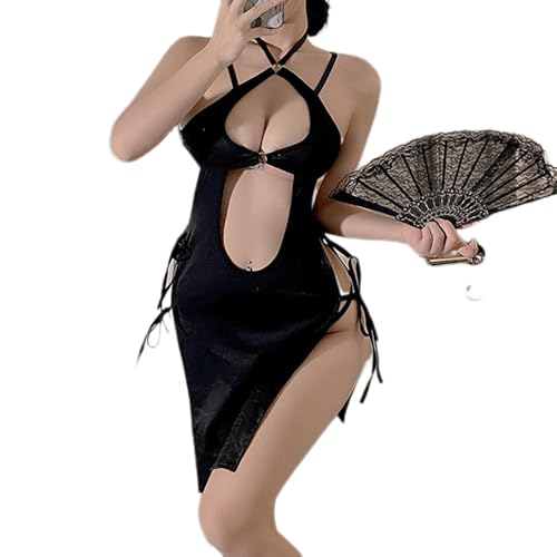 QNCLO Women's cosplay sexy slit tight mini qipao underwear Chinese nightclub dress (black)