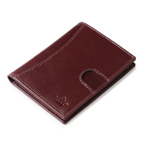 Image of RFID Genuine Leather Card Holder for Men - Slim Wallet with 9 Card Slots, ID Window & Card Puller - Cherry Red