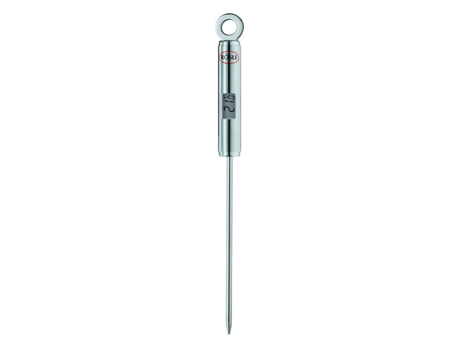 RÖSLE Termómetro Gourmet, termómetro de cocina con indicador digital de temperatura iluminado en °C y °F, de -40 °C a +200 °C, acero inoxidable 18/10, longitud 21,5 cm