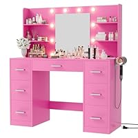 Furmax Vanity Desk with Mirror, LED Lights and Power Outlet Makeup Vanity Table with 7 Drawers and 6 Storage Shelves Dressing Table for Bedroom Dressing Room (Pink)