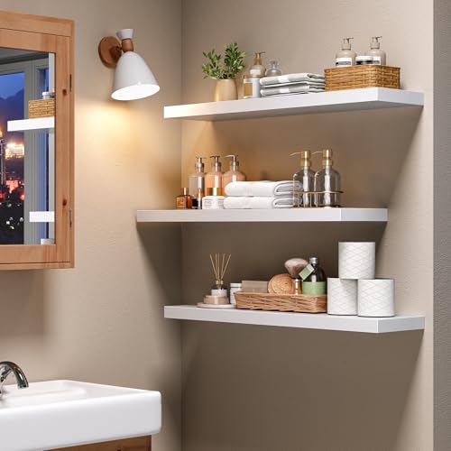Image of HOOBRO Floating Shelves for Wall, Wall Mounted Shelf Set of 2, 31.5 inch Hanging Shelf with Invisible Brackets, for Wall Decor Storage in Bathroom Bedroom Kitchen Living Room Office, White WT80BJP201