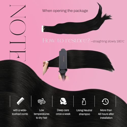 Image of Moresoo Natural Black Tape in Human Hair Extensions, 16 Inch, 20Pcs, 50g | Invisible tape in hair extensions, skin weft tabs, straight strands, shoulder length, blowouts and half-up styling looks