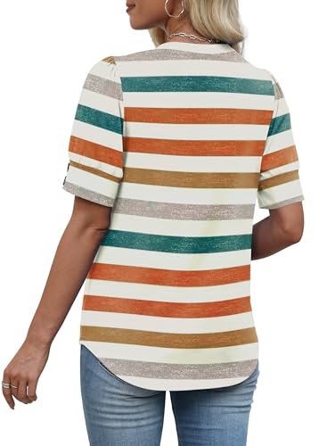 Image of OFEEFAN Womens Tops Short Sleeve Shirts Buttons V Neck Spring Fashion Summer Outfits Plus Size Blouses Dressy Casual