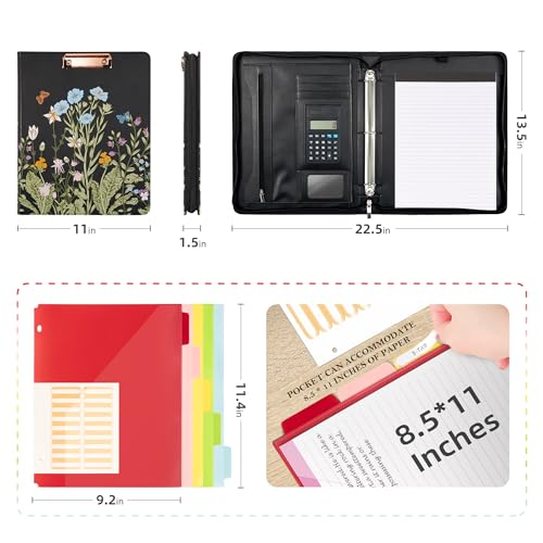 ospelelf leather portfolio folder with zipper - 3 ring binder with clipbard - calculator 121 tablet sleeve 5 dividers with 10 pockets refillable notepad card holder bushes