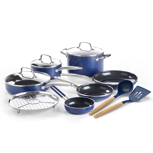 Blue Diamond 12 Piece Nonstick Cookware Set Diamond Ceramic Pots & Pans Dishwasher & Metal Utensil Safe Non Toxic PFAS-Free Kitchen Cooking Sauce & Saute Pans Oven & Broiler to 600F Blue