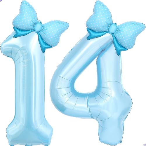 Image of Light Blue 14 Balloon Number Blue Coquette Birthday Decorations for Girls, Blue Bow Balloons Foil Mylar Large 40 inch 14 Balloon for Girls Bows Coquette 14th Birthday Party Decorations Supplies