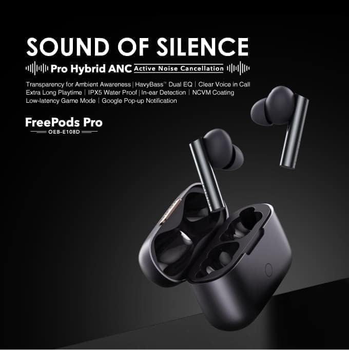Oraimo Free Pods Pro highlighting Active Noise Cancellation and other features