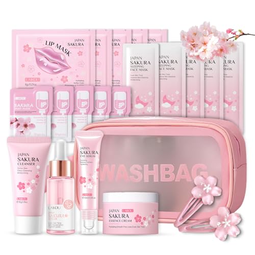 Shefave Sakura Beauty Geschenksets, Skincare Set mit Kosmetiktasche, Serum, Gesichtscreme, Reiniger, Lippenmaske, Haarnadel, Geschenk Teenager Mädchen, Gesichtspflege Set Damen, 9-tlg