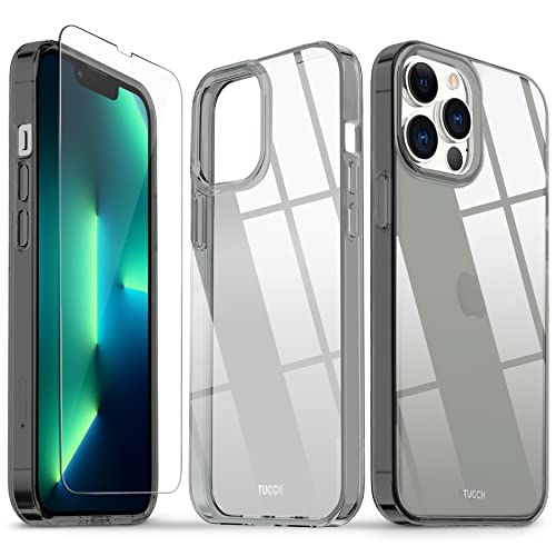 TUCCH Funda Compatible con iPhone 13 Pro MAX 5G, Funda de TPU Ultrafina Transparente Antiamarilleo con Protector de Pantalla, Funda Antigolpes Protector para iPhone 13 Pro MAX(6.7"), Transparente Gris Cover