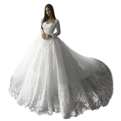 XYAYE Long Sleeve Wedding Dresses for Bride Lace Applique Modest Wedding Gowns with Train Bridal Dresses for Women