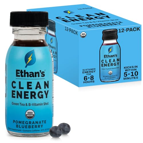 Image of Ethan's Organic Clean Energy Shots Pomegranate Blueberry, 12 Pack of 2oz | 150mg Caffeine | Green Tea, Guayusa, Lion's Mane & Cordyceps | Sugar-Free, Vegan, Gluten-Free, USDA Organic