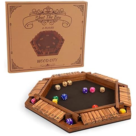 WOOD CITY Shut The Box Game Wooden for 6 Players, Close The Box Math Game for Kids Adults with 16 Dice, 6 Way Tabletop Quick Board Game for Family Friends 3+ Years Old in Classroom, Party or Pub Cover