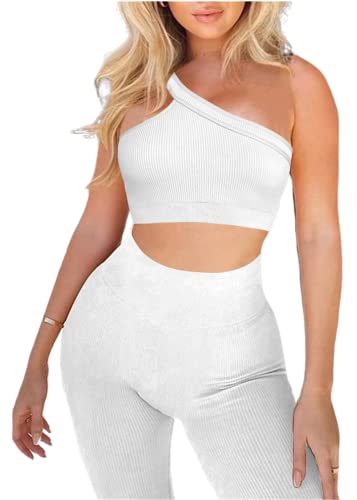 Damen-Trainingsset, zweiteilig, sexy, eine Schulter, passend für Damen, A - Reinweiß, 38