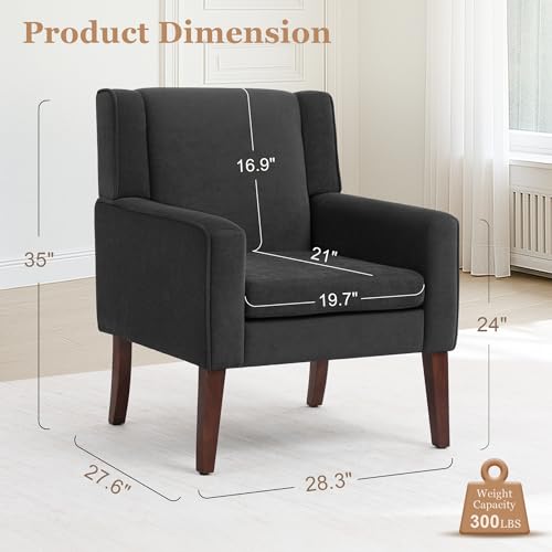 Image of Accent Chairs for Living Room, Mid-Century Reading Chair with Wood Legs, Upholstered Comfy Living Room Chair for Bedroom, Apartment, Waiting Room, Dark Grey