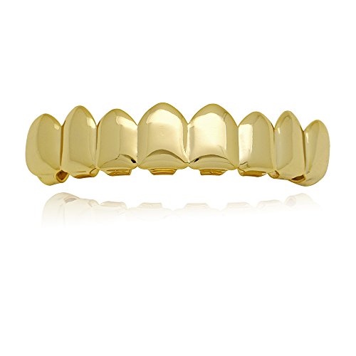 LuReen 8 Teeth Grillz Top Bottom Grills 14k Gold Shiny Hip Hop Teeth Grillz + Extra Molding Bars
