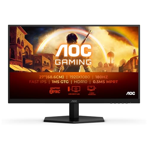 AOC 27G42E 27 Zoll FHD Gaming Monitor, 180Hz, Fast IPS Panel, 0.5ms MPRT, Adaptive Sync, HDR10, G-Sync Compatible, (1920x1080 HDMI 1x 2.0 DP 1x 1.4) Schwarz