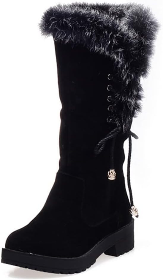 Women's Winter Warm Furry Mid Calf Snow Boots Tall Lace Up Fur Lined Mid Calf Wide Calf Snow Boot