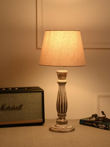 Image of Green Girgit Athens Wooden lamp with Taper Samre Brown Solid Shade, Vintage Style Table Lamp with Fabric Beige Shade, Distressed Wood Base (LED Bulb Included)