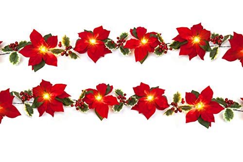 Homeseasons Pre-Lit Velvet Silk Poinsettia 6 Feet Garland With Red Berries And Holly Leaves - 2Aa Battery Operated (1 Pack, Red) #TOP3