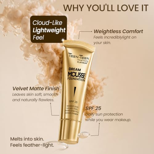 Image of TEEN TEEN Dream Mousse Foundation | Lightweight Velvet Finish with SPF 25 | Shine Control, Added Primer, Smooth Blendable Texture, Natural-Beige, 30ml
