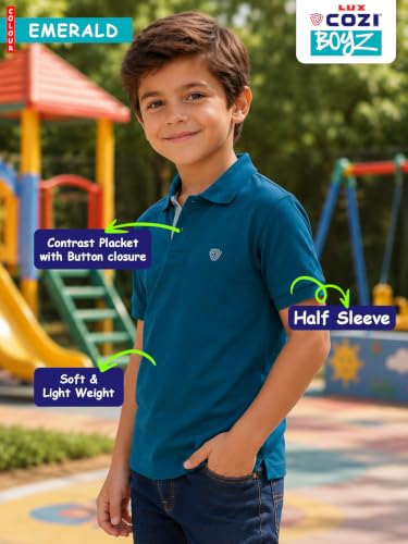 Image of Lux Cozi Boy's Polycotton Polo T-Shirt | Solid Collared Half Sleeve Tee for Kids | Soft Breathable Summer Wear | Casual Smart Polo T-Shirt | 3-14 Years