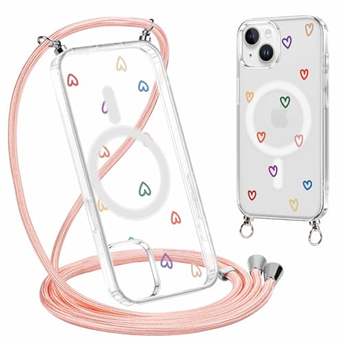 Yoedge Magnetica Cover con Cordino per iPhone 15 Plus 6,7' Compatibile con MagSafe, Trasparente Custodia Sottile TPU Silicone Antiurto Corde Collana Tracolla Laccio Case con Disegni Amore Cuore,09
