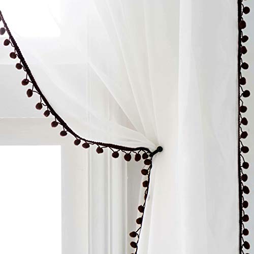 MISS SELECTEX Linen Look Pom Pom Tasseled Sheer Curtains - Rod Pocket Voile Semi-Sheer Curtains for Living and Bedroom, Set of 2 Curtain Panels (52 x 72 inch, White Sheer & Coffee Pom Poms)