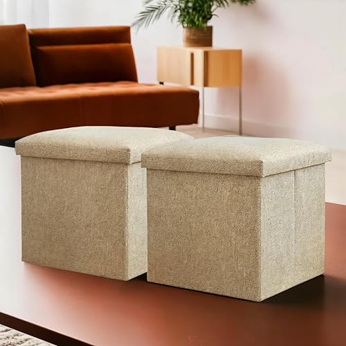 Image of Kuber Industries Pack of 2 Storage Stool - Square Toy Box, Foot Rest, Folding Seat, Wardrobe Organizer for Clothes-Books, Living Room Storage Box - S ZH003BG Beige