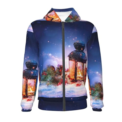 Lantern On Snow With Christmas Kids Pullover Hoodies Boys Zip Up Sweatshirts Girls Athletic Clothes with Pocket2