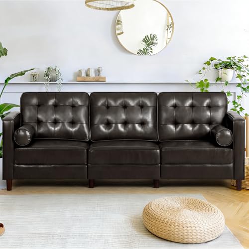 Image of 84 inch Premium Faux Leather 3-Seat Sofa w /2 Bolster Pillows and Tufted Backrest, Mid-Century Modern Sofa, Luxury Couch for Living Room, Bedroom, Office, Dark Brown