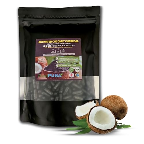 FoodPURA 100% Natural 365 High Strength Coconut Activated Charcoal Capsules not Tablets 1500mg Digestive Support Reduces Bloating & Flatulence After Eating Vegan(365)