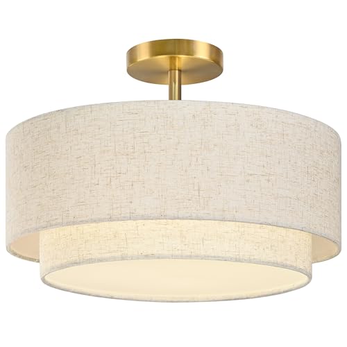 AyshwillDec 15.7 Inch Flush Mount Ceiling Light Gold Close to Lights Fixture with 2-Layer Fabric Shade 3-Light Drum Modern Lights for Dining Room Bedroom Hallway
