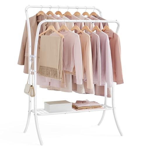SONGMICS Clothes Rack,Clothing Rack with Shelves,Garment Racks Heavy Duty,Double Rod Clothes Rack with 6 Hooks, Clothes Storage and Display,for Living