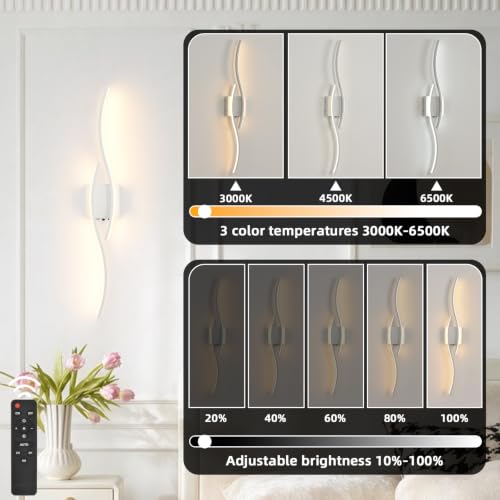 Image of Battery Powered Wall Sconces Set of 2, White 31.4 inch LED Dimmable Wall Sconce with Remote Control /Timer /Memory, USB Rechargeable Wall Lights for Living Room, Bedroom, Hallway Wireless scones Lighting