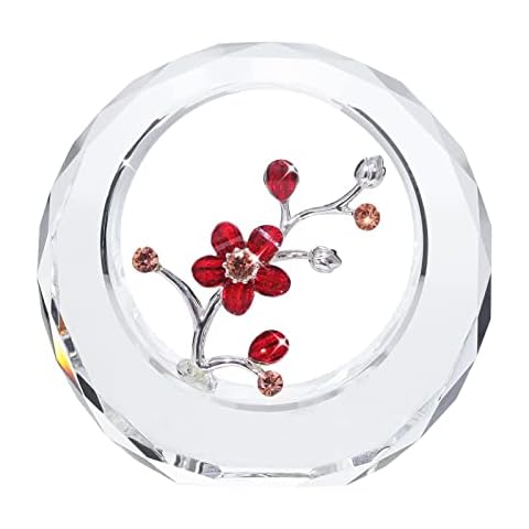 LONGWIN Crystal Plum Blossom Flower Figurines with a Outer Circular Ring, Glass Collectible Figurines Spring Bouquet Home Decor Paperweight Ornaments (Ruby) Cover
