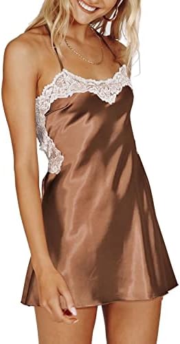 Valentine’s Day Women Sexy Satin Nightdress Spaghetti Strap Low Cut Backless Lace Mini Dress Clubwear