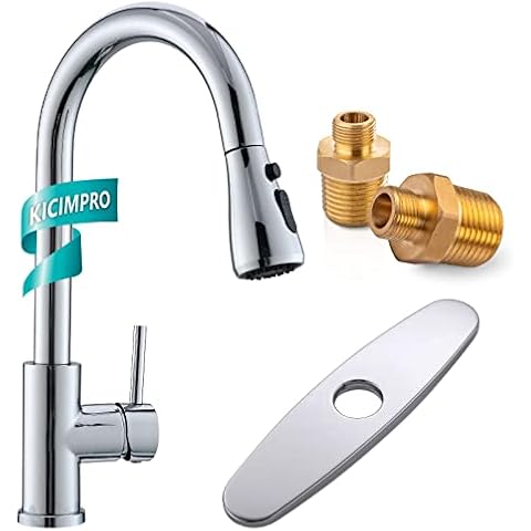 Kicimpro Chrome Kitchen Faucet, Kitchen Faucets for Sink 3 Hole with Sink Hole Cover and 3/8 to 1/2 adapter Cover