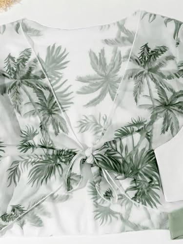 Image of Girl's 4 Piece Set Coconut Tree Print Criss Cross Bikini Sets with Mesh Cover Up Monokini Green 150
