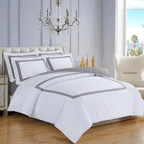 Majestic Giftware Madison Linen 8-Piece Twin Size Bedding Set (BL2-T-8) | Province Hotel Collection-White-Taupe Tape 400 TC Cotton Sateen | 2 Fitted Sheets, 2 Duvets, 4 Pillowcases