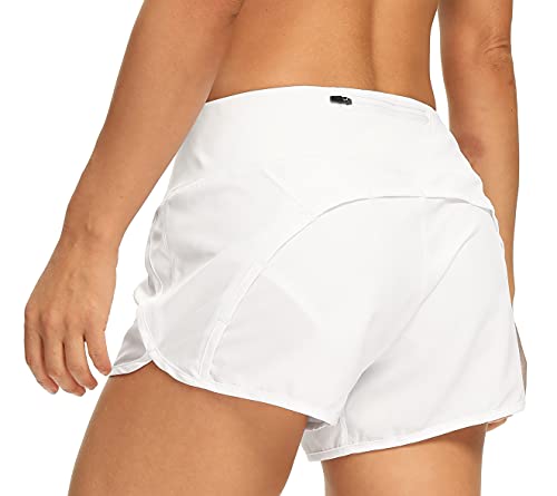 CQC Women's Running Shorts with Mesh Liner, Quick-Dry Workout Athletic Gym Yoga Shorts with Zip Pocket White M